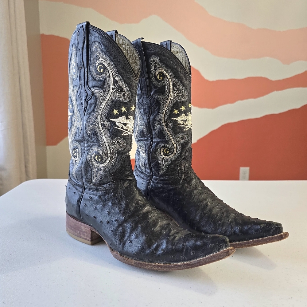 RARE El General Made in Mexico Black Ostrich Quill Boots‎ Sz 8.5 Cowboy Western